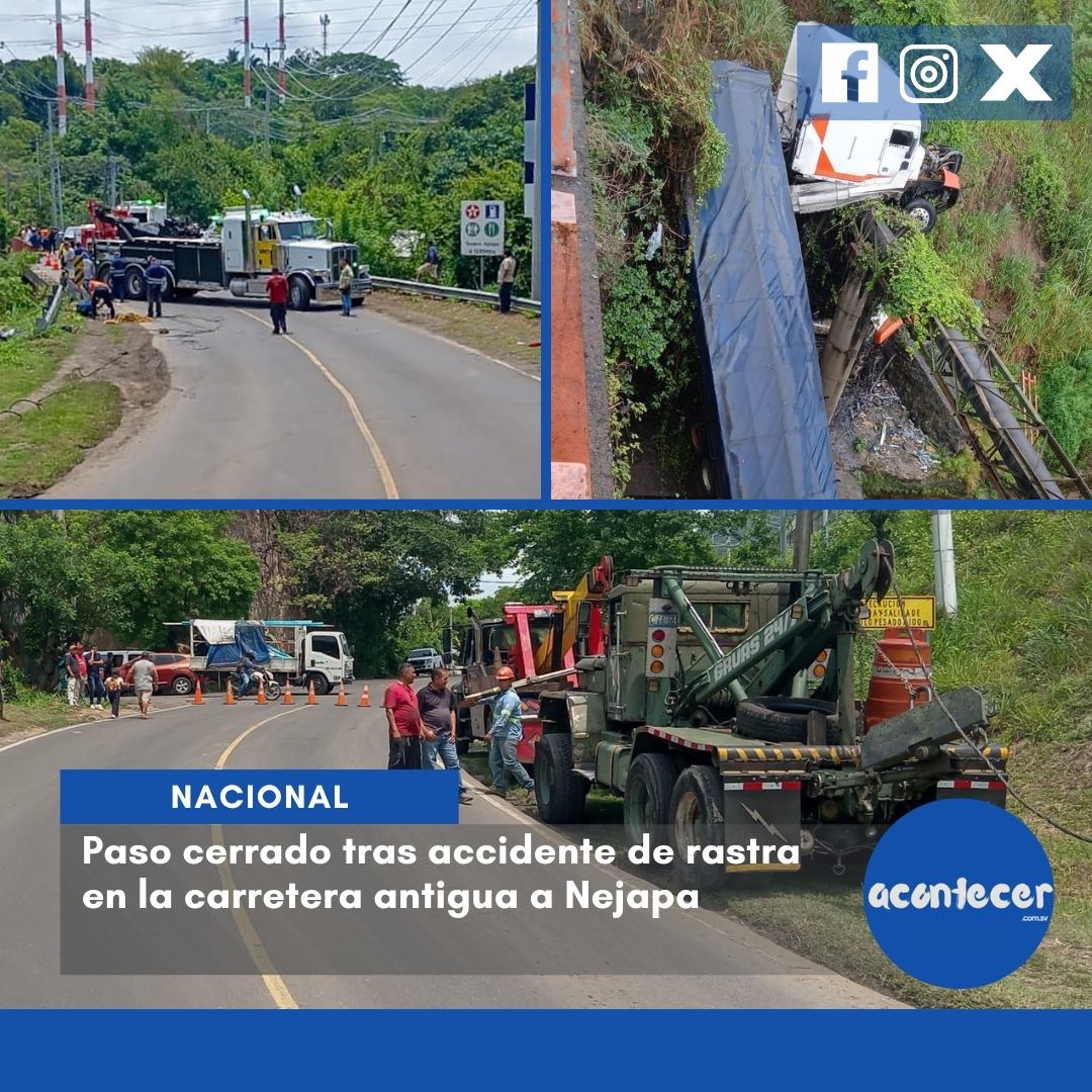 acontecercomsv's tweet photo. #PasoCerrado 🚨🚧 @PNCSV mantienen cerrado el tránsito vehicular en la carretera antigua a Nejapa debido a los trabajos de extracción de una rastra accidentada.
🚛⚠️ El vehículo pesado se salió de la vía y terminó en el río Tomayate. https://t.co/dQKLzVNdw1