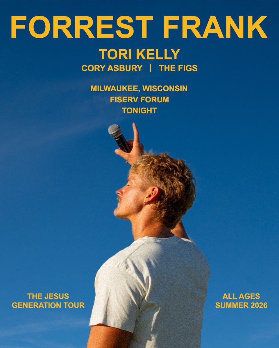 FiservForum's tweet photo. We're ready for a 💙GOOD DAY💙 with FORREST FRANK's The Jesus Generation Tour + special guests Tori Kelly, Cory Asbury and The Figs! We'll see you soon, Milwaukee! ☀️

Full details ➡️ https://t.co/orI9Wg49FO https://t.co/0pigJ3VxCy