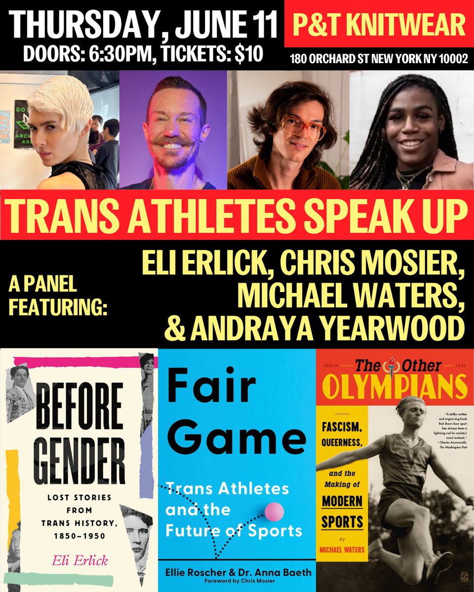 EliErlick's tweet photo. June 11th: join our panel of trans athletes and experts at P&amp;T Knitwear in NYC for the biggest discussion on trans people in sports of the year. You’ll learn exactly why trans athletes are being targeted and what you can do to speak up! Order your tickets from @ptknitwear https://t.co/Ut2dW0zefp