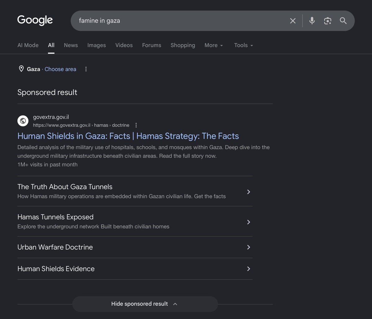 NiceMangos's tweet photo. Look at the first sponsored result when you search famine in Gaza…. 

It’s a propaganda ad by the govt of Israel, demonizing the victims of their genocide. It’s despicable that search engines are being weaponized like this to assist in genocide. https://t.co/OXlSLC6uY4