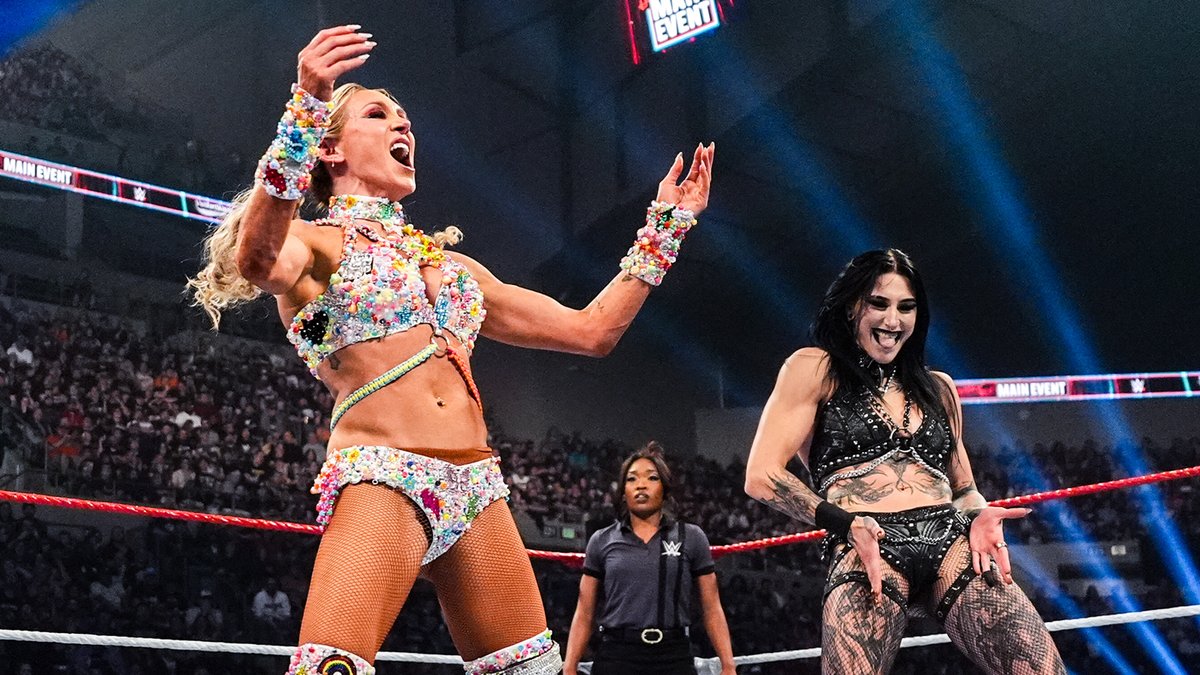 WWE's tweet photo. It’s been a long road for @RheaRipley_WWE and @MsCharlotteWWE to see eye-to-eye. 👀

▶️ Look back at the last seven months of this rivalry turned alliance: https://t.co/WTNjN0ja7b https://t.co/y42cIcvXVc