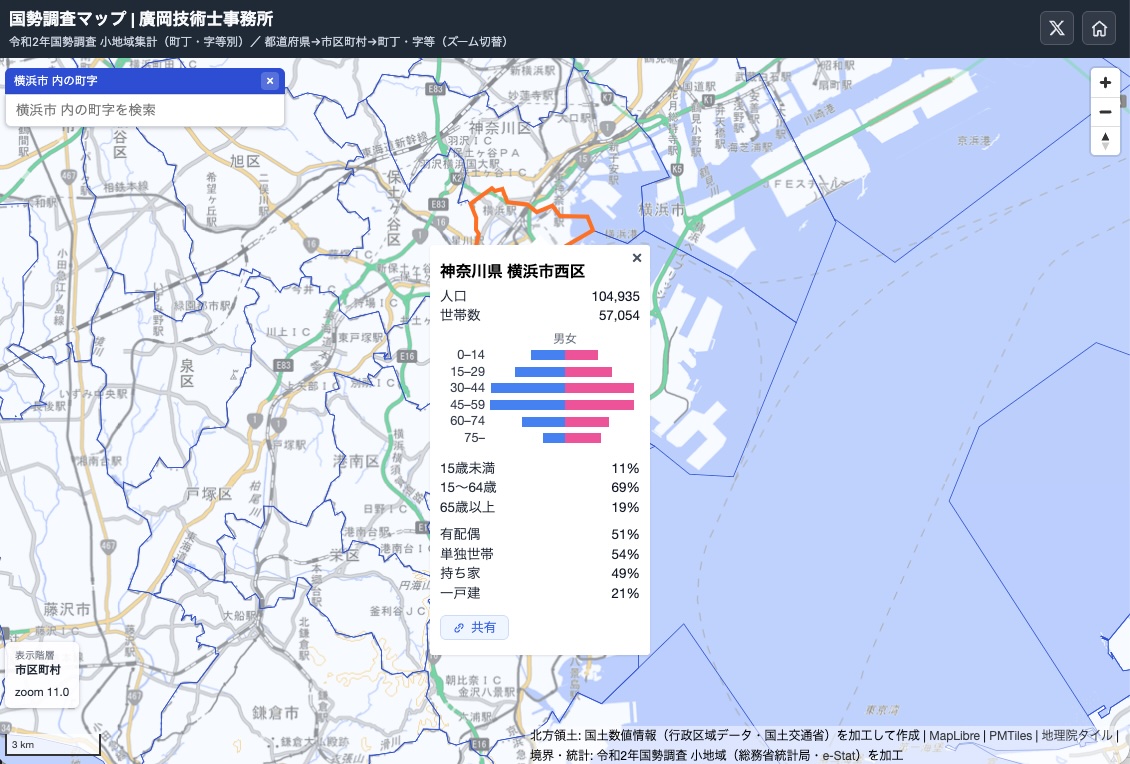 hirooka_pro's tweet photo. 国勢調査等の政府統計データの地図上への可視化は、総務省がjSTAT MAPとして整備しています。高機能で様々な分析が可能ですが、廣岡技術士事務所では勉強も兼ねて、シンプルに国勢調査の統計データを町丁・字等別に即座に表示するだけのサイトを試験的に構築してみました。
https://t.co/eDNL0JniX7 https://t.co/srEu1EYcz4