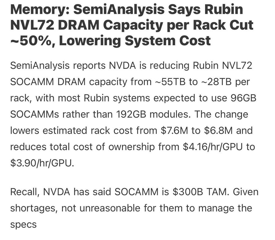 ProflexFinance's tweet photo. FULL BREAKDOWN on why Memory stocks are in crash state: 

SemiAnalysis published a report recently saying NVIDIA's Vera Rubin NVL72 rack will likely ship with 28TB of CPU side memory instead of the expected 55TB. 

That is nearly half. 

Korean memory stocks dumped overnight. Micron crashed 10% from its all time high, losing over $100 billion in market cap in a single day.

Sounds terrible right? 

Except the market completely misread what actually happened.

The memory on Vera Rubin uses modular SOCAMM slots. It is not soldered. 

You can pull out a 96GB module and drop in a 192GB or 256GB module anytime. 

NVIDIA showed at CES that the entire compute tray swaps in 5 minutes. It is a starting config with a built in upgrade path.

The reason for lower initial configs is supply, not demand. 

Micron said last week at the Wolfe conference that LPDDR5X demand significantly exceeds supply well beyond 2026. 

Their entire HBM capacity for fiscal 2026 is sold out. Samsung and SK Hynix are maxed out too. NVIDIA is not cutting memory because nobody wants it. 

They are shipping what they can get their hands on so racks go live faster.

Less memory per rack also means more racks ship under the same supply. 

Total memory consumption stays the same. It just gets spread across more units.

Now add Broadcom reporting the same morning. Revenue up 48%, beat on EPS, but the CEO did not raise full year AI guidance. 

Market read that as AI spending cooling off. AVGO dropped 15% and took the entire sector down with it.

Two unrelated catalysts hit at the exact same time. Broadcom shook AI sentiment across the board. SemiAnalysis gave traders a specific number to panic about on memory. 

For a stock sitting at all time highs in 12 months, that is all the excuse anyone needs to take profits.

NVDA, AVGO and the broader semi names are not structurally impacted here. 

The demand picture has not changed. Memory is a different story though. 

Not because the fundamentals broke, but because it was priced for perfection with zero room for any headline risk. And it just got two in one morning.

Dylan Patel from SemiAnalysis put it perfectly. People who shared his report left out most of the content. 

The nuance got stripped, the context disappeared, and the market traded off a headline.

The most expensive mistake in semis is not getting the direction wrong. It is reading the right headline and plugging in the wrong formula.

Follow @ProflexFinance for more breakdowns on macro, markets and beyond!