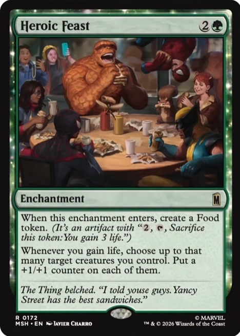 DimirUB's tweet photo. 【MTG x MARVEL】
これが戦場に出た時、食物トークンを1個生成する。

あなたがライフを得るたび、最大その数のあなたがコン卜ロ一ルするクリ一チャ一を対象とする。それらに+1/+1カウンターを1個乗せる
ーー
Mana Hungry Cookingより https://t.co/h4El1uqHTA