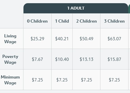 fuckyouiquit's tweet photo. A living wage (hourly rate that an individual must earn to comfortably support themselves) for a place like Denton County Texas is over $25 an hour. Federal minimum wage (and local there) is below the poverty wage. This hasn't increased since 2009. https://t.co/PnKimmJ6SY
