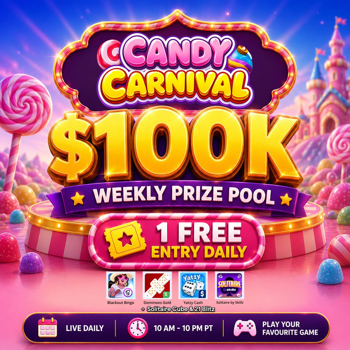skillz's tweet photo. 🍭🎪 Candy Carnival is here! 🎪🍭
Rush in and play your favorite game for a chance at a $100,000 weekly prize pool! 💰✨

🎟️ 1 FREE entry every day
⏰ Live daily, 10 AM - 10 PM PT

Join our community for more events: https://t.co/svaAVKenZj
#WeeklyPrize #FreeEntry #PlayToWin https://t.co/G9u2fqm0hP