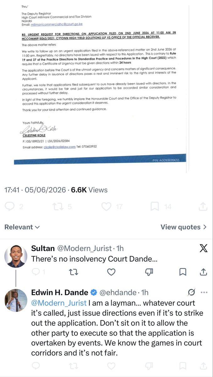 miamoreazure's tweet photo. @ehdande 

A firm reminder for Mr. Dande: Stop your nonsense: Stop your rubbish : @liznkukuu advise your baby daddy: It is over 

You cannot file application after application, lose at every level, ignore existing court orders, and then cry “collusion” because the Court has not prioritised your latest filing within the timeframe you desire.

The same Court you now accuse is the Court that heard you, entertained countless applications, appeals and reviews over the last three years. Litigation is not a fast-food service where directions are issued on demand simply because one side claims urgency.

More fundamentally, the 22 May 2026 rulings were clear: once vesting and preservation orders are issued under sections 444 and 445 of the Insolvency Act, the Official Receiver becomes the lawful custodian of the assets under liquidation. Dissatisfaction with those orders is not evidence of collusion; it is evidence that a party has lost an argument.

What is truly concerning is the attempt to undermine public confidence in the judiciary every time a ruling does not favour Cytonn’s promoters or their allies. Today it is the Judge. Yesterday it was the Official Receiver. Before that it was creditors. Before that it was regulators. Everyone cannot be conspiring against you.

The Court of Appeal has already described the Cytonn structure as a scheme akin to fraud. The High Court has repeatedly reaffirmed the authority of the Official Receiver. The insolvency process is moving forward despite years of obstruction.

If the application has merit, it will be heard. If it lacks merit, it will fail.

But allegations of “court corridor games” and “collusion” made without evidence are not legal arguments. They are merely the latest chapter in a long-running campaign to delegitimise every institution that refuses to bend to Cytonn’s narrative.
