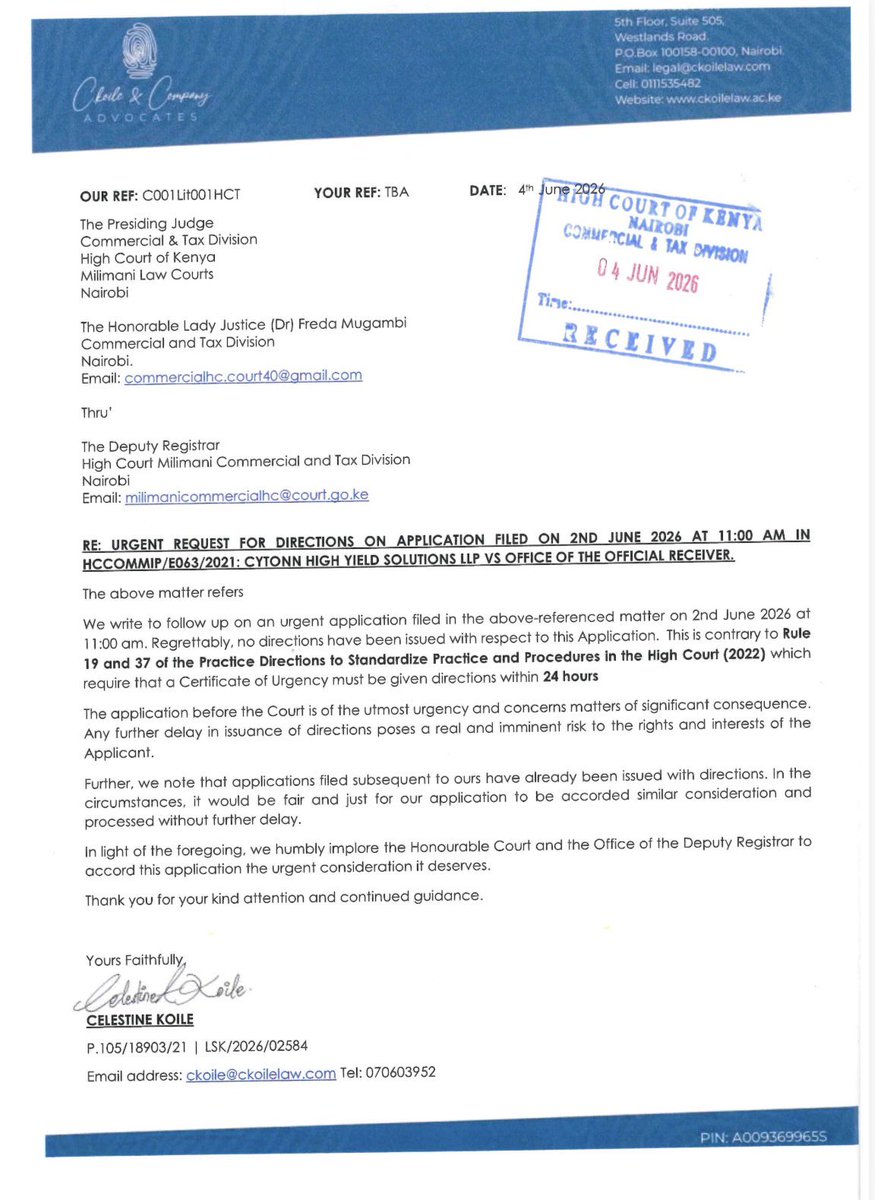 miamoreazure's tweet photo. @ehdande 

A firm reminder for Mr. Dande: Stop your nonsense: Stop your rubbish : @liznkukuu advise your baby daddy: It is over 

You cannot file application after application, lose at every level, ignore existing court orders, and then cry “collusion” because the Court has not prioritised your latest filing within the timeframe you desire.

The same Court you now accuse is the Court that heard you, entertained countless applications, appeals and reviews over the last three years. Litigation is not a fast-food service where directions are issued on demand simply because one side claims urgency.

More fundamentally, the 22 May 2026 rulings were clear: once vesting and preservation orders are issued under sections 444 and 445 of the Insolvency Act, the Official Receiver becomes the lawful custodian of the assets under liquidation. Dissatisfaction with those orders is not evidence of collusion; it is evidence that a party has lost an argument.

What is truly concerning is the attempt to undermine public confidence in the judiciary every time a ruling does not favour Cytonn’s promoters or their allies. Today it is the Judge. Yesterday it was the Official Receiver. Before that it was creditors. Before that it was regulators. Everyone cannot be conspiring against you.

The Court of Appeal has already described the Cytonn structure as a scheme akin to fraud. The High Court has repeatedly reaffirmed the authority of the Official Receiver. The insolvency process is moving forward despite years of obstruction.

If the application has merit, it will be heard. If it lacks merit, it will fail.

But allegations of “court corridor games” and “collusion” made without evidence are not legal arguments. They are merely the latest chapter in a long-running campaign to delegitimise every institution that refuses to bend to Cytonn’s narrative.