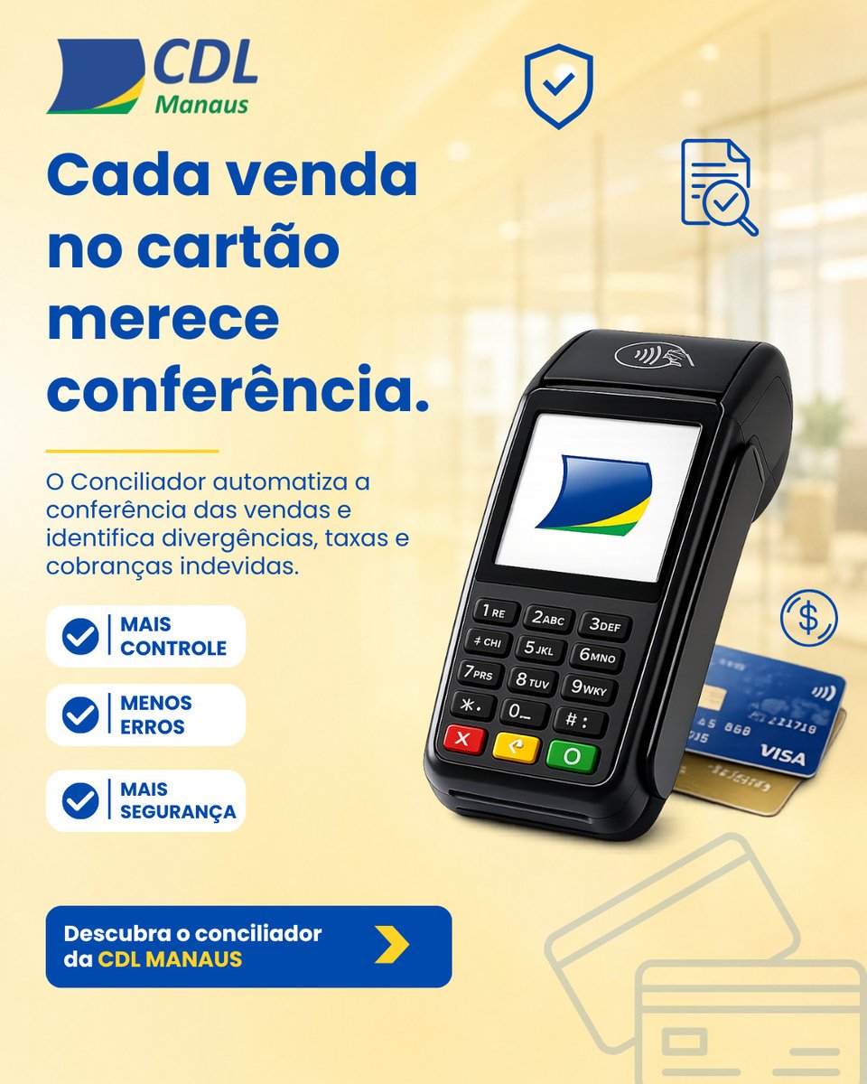 CDLManaus's tweet photo. 💳 Você sabe exatamente quanto recebe em cada venda?

O Conciliador da CDL Manaus ajuda sua empresa a acompanhar taxas, cobranças e repasses com mais controle, segurança e praticidade.

📈 Mais gestão. Menos perdas.

#CDLManaus #GestãoFinanceira https://t.co/0TiLPmak6b