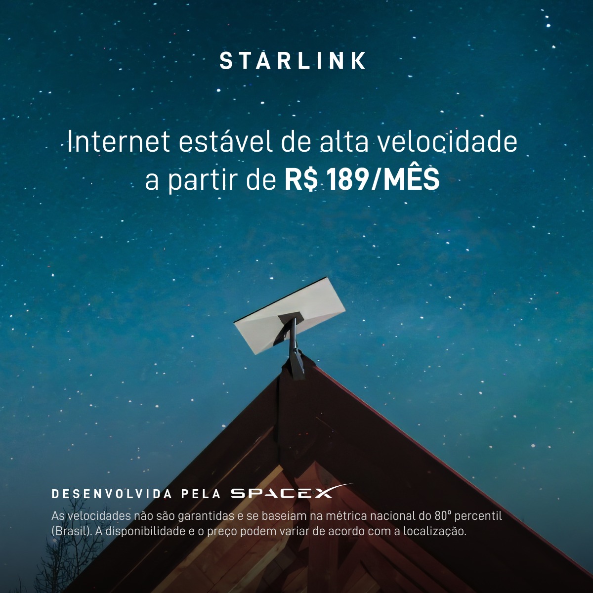 Starlink's tweet photo. Conecte-se a uma internet rápida e estável para streaming, chamadas de vídeo, jogos on-line e muito mais.

Faça o pedido on-line em minutos.
