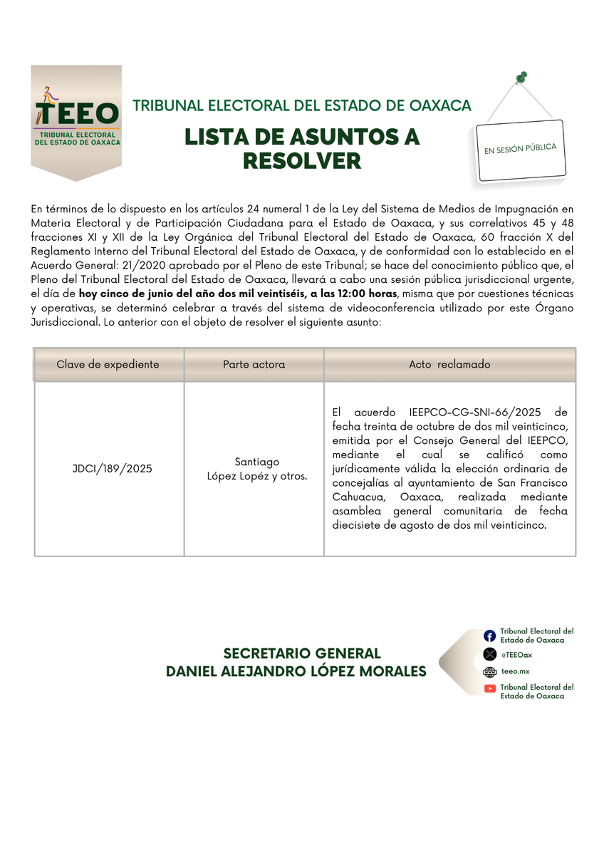 TEEOax's tweet photo. 🗒️Lista de asuntos a resolver en Sesión Pública Urgente
🗓️ 5 de junio de 2026
⌚️ 12:00 horas https://t.co/UcxH2Q4er4