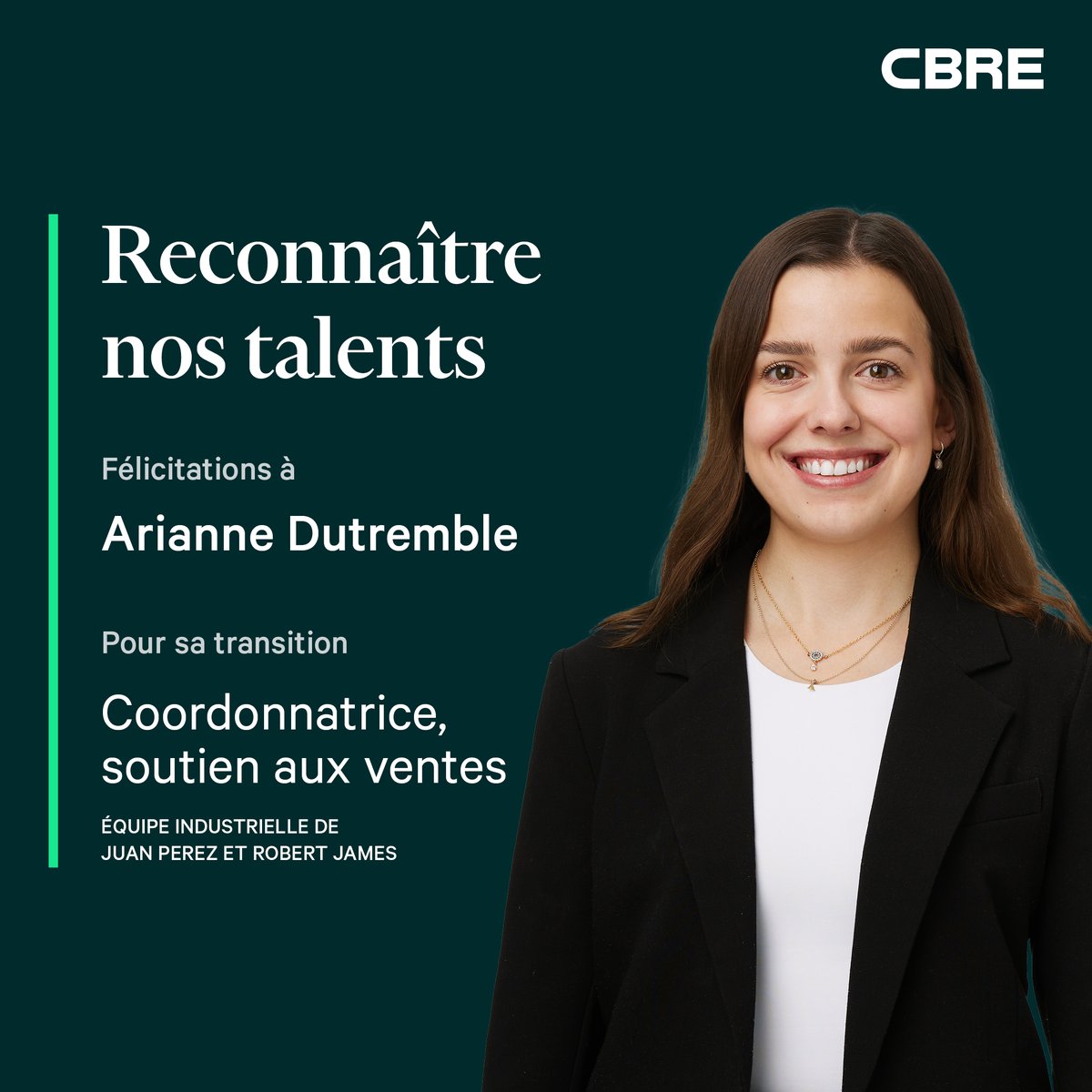 CBREcan_fr's tweet photo. Félicitations à Arianne Dutremble pour son nouveau titre de Coordonnatrice, soutien aux ventes au sein de l’équipe industrielle de Juan Perez et Robert James! https://t.co/2XKHQhpDYM