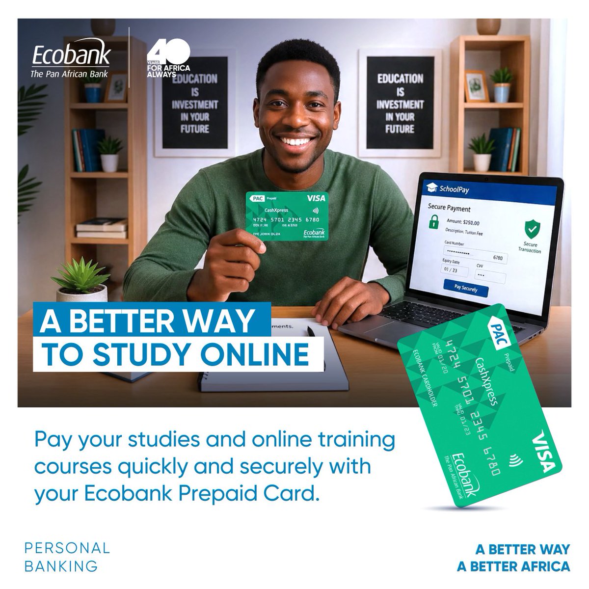EcobankCameroun's tweet photo. Study online with ease using your Ecobank Prepaid Card. Pay for courses, certifications and subscriptions securely, anytime, anywhere.

A Better Way. A Better Africa.

#EcobankPrepaidCard #StudyOnline #OnlineLearning #EcobankCameroon #ABetterWayABetterAfrica https://t.co/qhc7plibrV