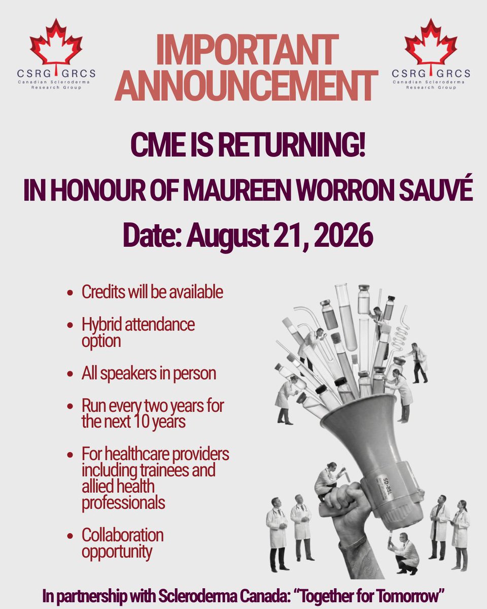 CSRG2022's tweet photo. 🎉 We're excited to announce that the CSRG CME is BACK for 2026!

Get ready for opportunities to connect, learn, and be inspired alongside colleagues and leaders in Systemic Sclerosis research and treatment. Stay tuned for updates on speakers, programming, and registration— https://t.co/NBMUXhUQU2