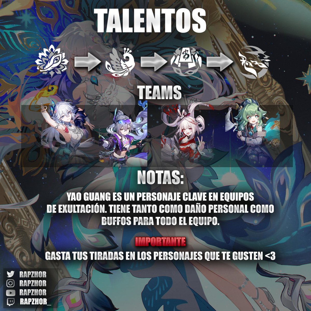 RapZhor's tweet photo. Y vuelve prontito nuestra querida Yao Guang! Es de los mejores personajes de exultación porque es el corazón de todo equipo de este arqueo tipo! Cualquier tipo de duda o feedback, se agradece!🪭🦃

#StarRail #HonkaiStarRail #HSR #YaoGuang https://t.co/GCyVNzigyK