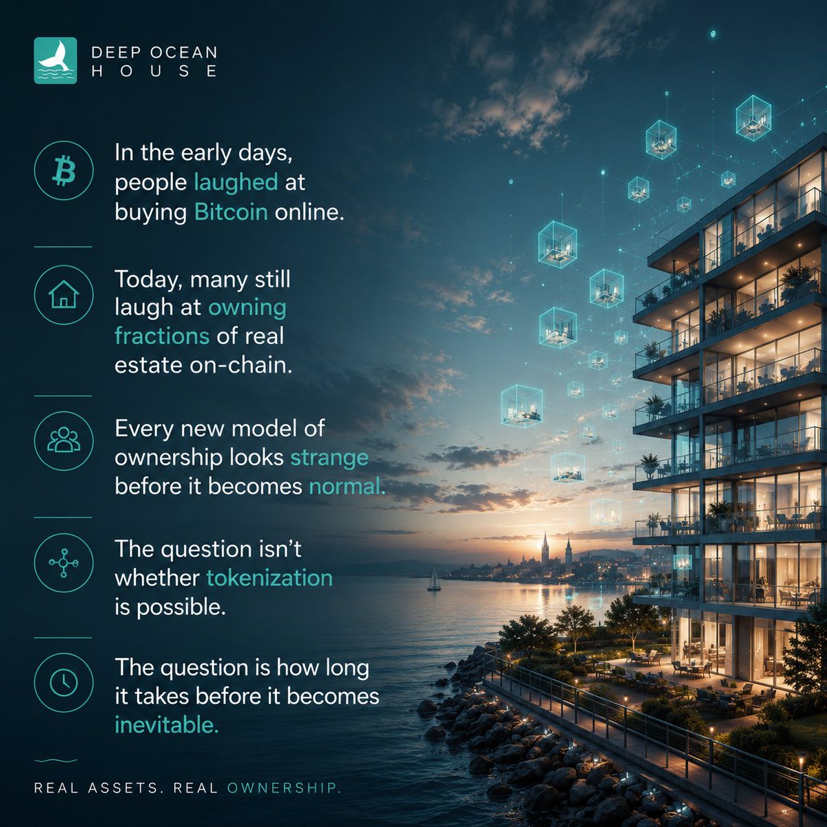 DeepOceanHouse's tweet photo. Everyone is talking about #AI.

Few are paying attention to ownership.

Yet some of the world's largest institutions are quietly investing billions into #tokenization.

Not because it's #crypto.

Because it's a more efficient way to own, transfer, and manage real-world assets.

The biggest opportunities are often obvious only in hindsight.

At @DeepOceanHouse , we're not waiting to find out.

We're already building it. 🌊 #RWA? Let's go 🔥
