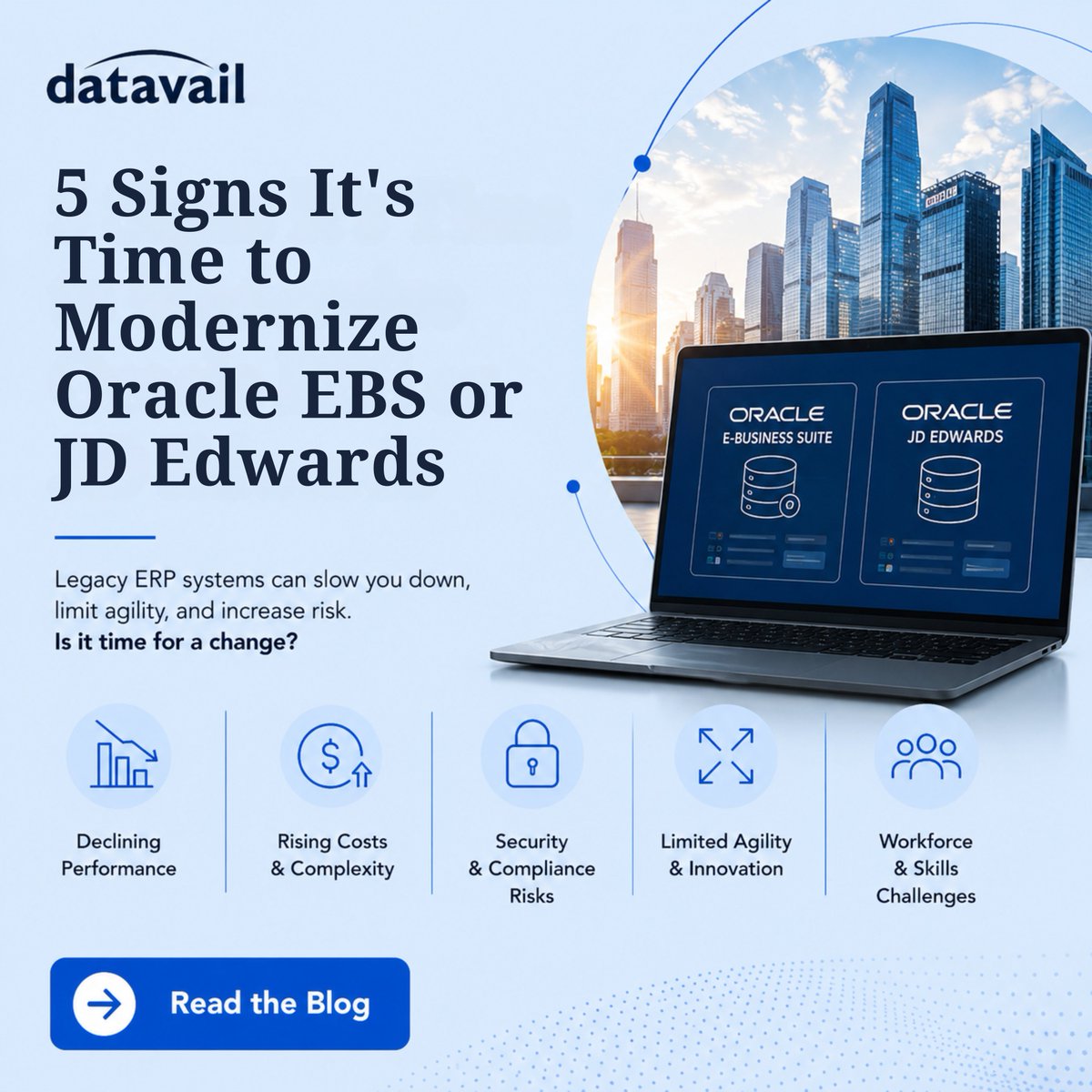 datavail's tweet photo. Most #OracleERP customers don't start with "we need to modernize." They start with "maintenance is too expensive" or "every integration takes 6 months."
Different symptoms. Same root cause. Datavail's 5 signs your EBS or JDE environment is past due: https://t.co/XtO6v0cup5 https://t.co/nfUaa2lQGq