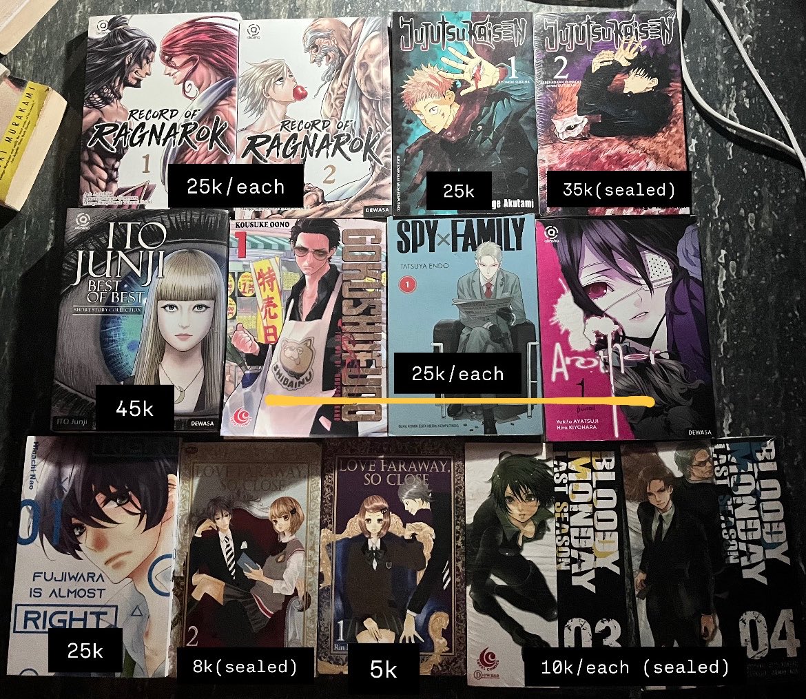c0nstantinnee's tweet photo. wts. want to sell preloved novel &amp; komik

✅mostly in good condition 
🍊price excl adm 6%, can oyen n splitpay
📍 Tangerang

t. jujutsu kaisen, ragnarok, janji ito, spy x family, laut bercerita, Sherlock holmes, alster lake #wtskomik #wtsnovel https://t.co/d8wVTWtQ7t