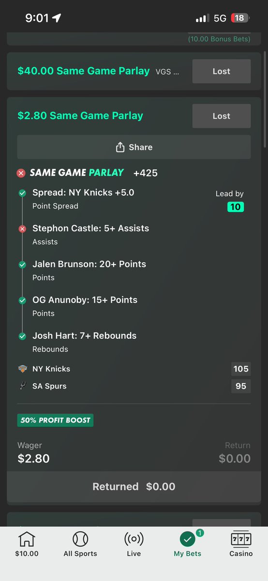 KinGRespecT_'s tweet photo. When will my luck turn around? I literally fall just short everytime , it’s so upsetting, I have the worst possible luck when it comes to betting or anything involving winning money 😭😭😭😭( these are my last 3 parlays ive created… so sad) can I just win something for once? ☹️ https://t.co/McF4zZjpuk
