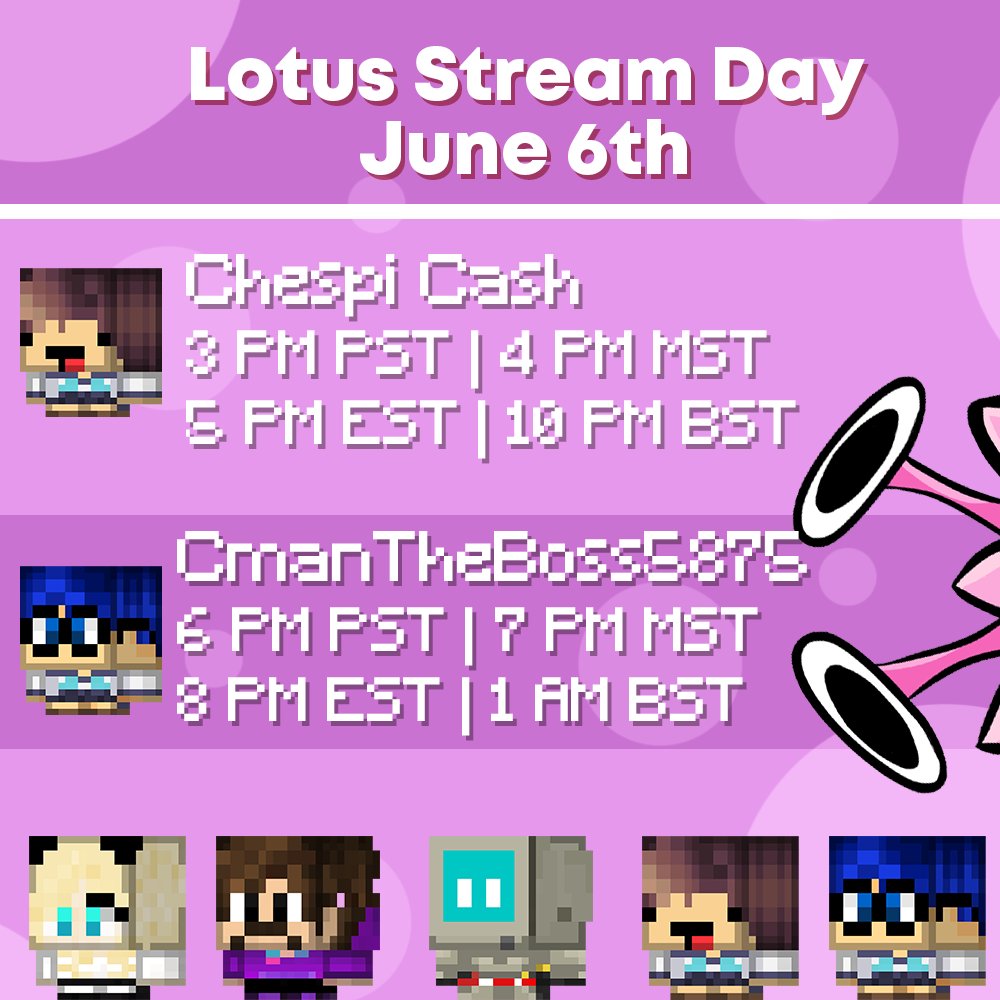 RealLotusSMP's tweet photo. STREAM DAY!!! Join us for a Minecraft Lotus SMP livestream tomorrow!

Streamers:
@MildMadi 
ShadowTheAnxious
GribleyGames
@chespicash
@CmanTheBoss5875 

Come hang out, chat with the other Petals, and enjoy the streams! We can't wait to see you there! 🌺 https://t.co/AynyR2bEbZ