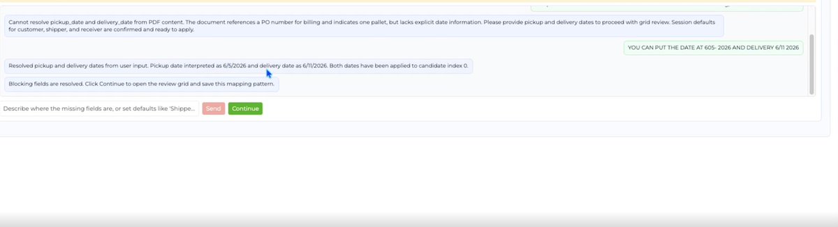 drdispatch's tweet photo. Just finished a round of pilot testing Universal Import with one of our LTL brokerage customers.

Four documents. 

Each one a different shape: rate confirmations, purchase orders, tenders, multi-stop cross-docks. Drag the PDF in, get a load.

When the system can't determine a field from the document itself, it asks. When the document is a recurring format, it learns the mapping pattern for next time.

Powered by Anthropic's Claude, Sonnet for extraction, Haiku for source classification.

More soon.