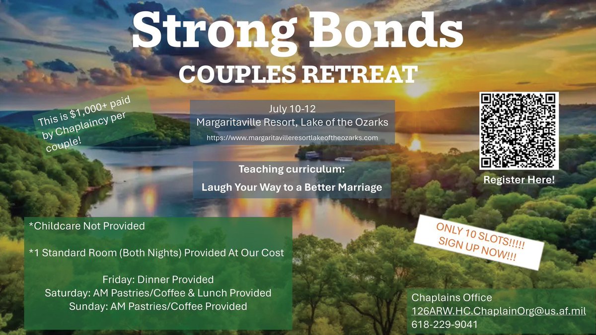 BelleVisuals's tweet photo. Strengthen your relationship and reconnect with your spouse at the upcoming Strong Bonds Couples Retreat, July 10-12, at Margaritaville Resort, Lake of the Ozarks.

This weekend retreat features "Laugh Your Way to a Better Marriage" curriculum, designed to help couples improve … https://t.co/fI1L1l0Dhj