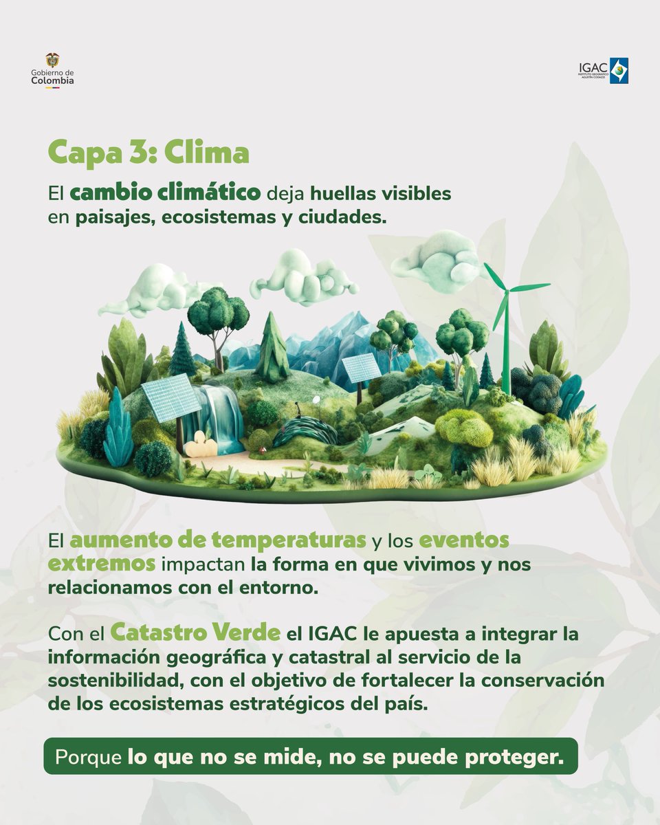 igacColombia's tweet photo. Hoy más que nunca, el territorio nos habla 🌎💚

Cada acción que realizamos deja una huella sobre el suelo, el agua, los ecosistemas y la biodiversidad que nos rodea. En el #DíaMundialDelMedioAmbiente, te invitamos a descubrir cómo habitamos el territorio y por qué conocerlo es fundamental para protegerlo.

Desde el IGAC trabajamos para investigar, analizar y generar información que permita comprender mejor nuestro entorno y tomar decisiones más responsables con el planeta.📍🌱