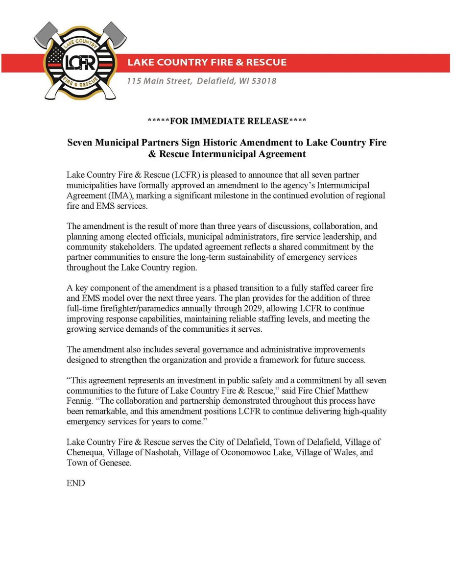FriendTDFD's tweet photo. The Lake Country Fire &amp; Rescue IMA extension is official. Thank you to all who helped make this happen. It sets up LCFR for long-term success and protects the 7 partner communities. https://t.co/uFEggdnSG9