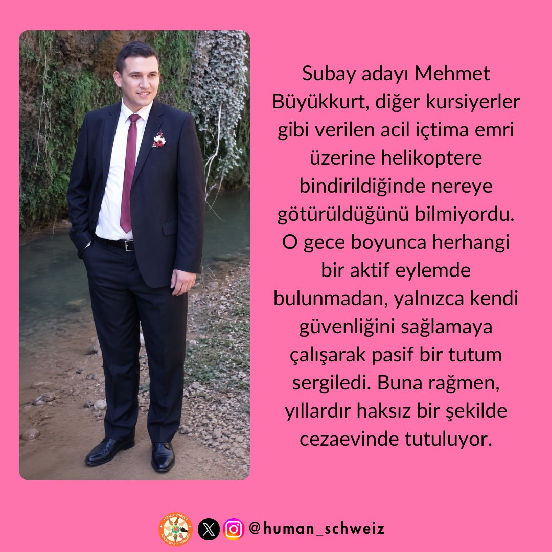 human_schweiz's tweet photo. AskeriÖğrenciye Adalet

Subay adayı Mehmet Büyükkurt, diğer kursiyerlerle birlikte verilen acil içtima emriyle helikoptere bindirildiğinde nereye götürüldüğünü bilmiyordu. O gece herhangi bir aktif eylemde bulunmadan yalnızca güvenliğini korumaya çalıştı. Buna rağmen yıllardır cezaevinde tutuluyor.

@adalet_bakanlik
@tcsavunma
@hulusiakarmedya