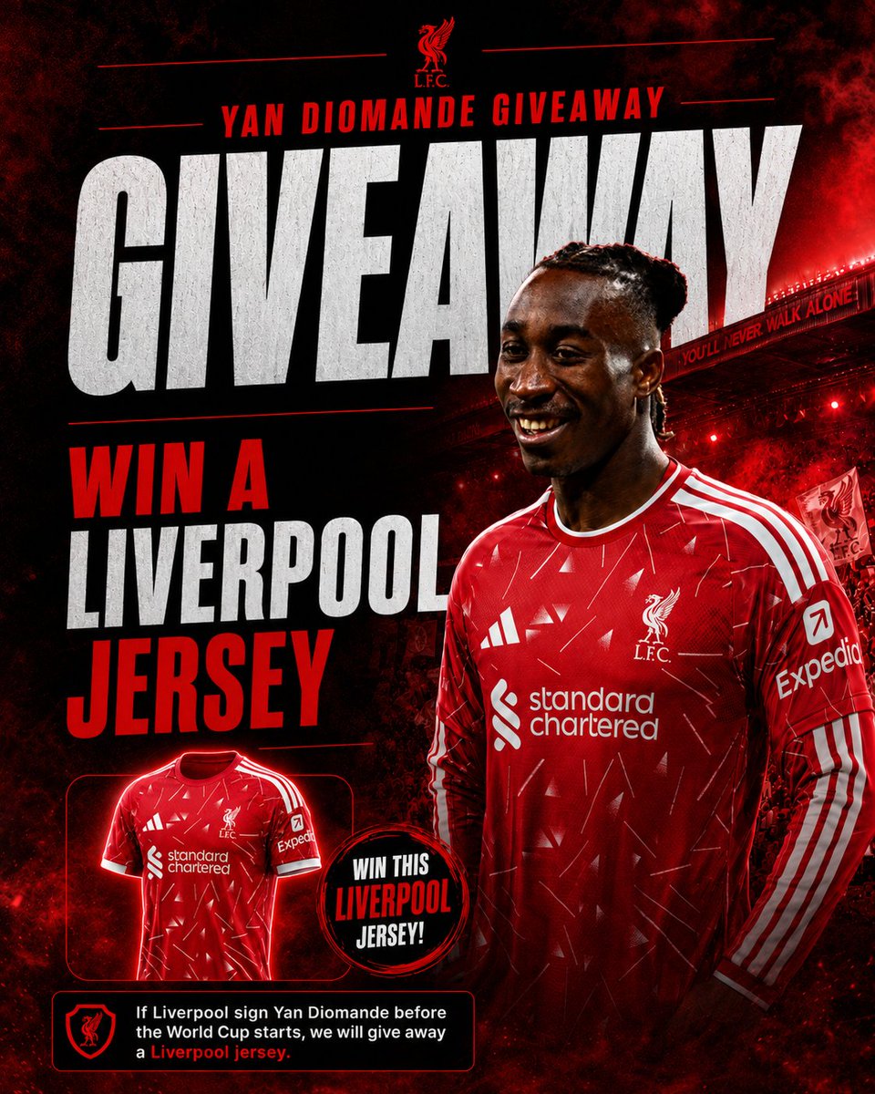 AnythingLFC_'s tweet photo. 🚨 GIVEAWAY 🚨

If Liverpool sign Yan Diomande before the World Cup starts, we’ll give away a brand new Liverpool jersey 🔴👕

To enter:

✅ Follow @anythinglfc__
♻️ Repost 
💰 Leave a comment how much Liverpool should bid

Good luck, Reds 👀

#LFC #Liverpool #YNWA https://t.co/Vr1dGR1wD6