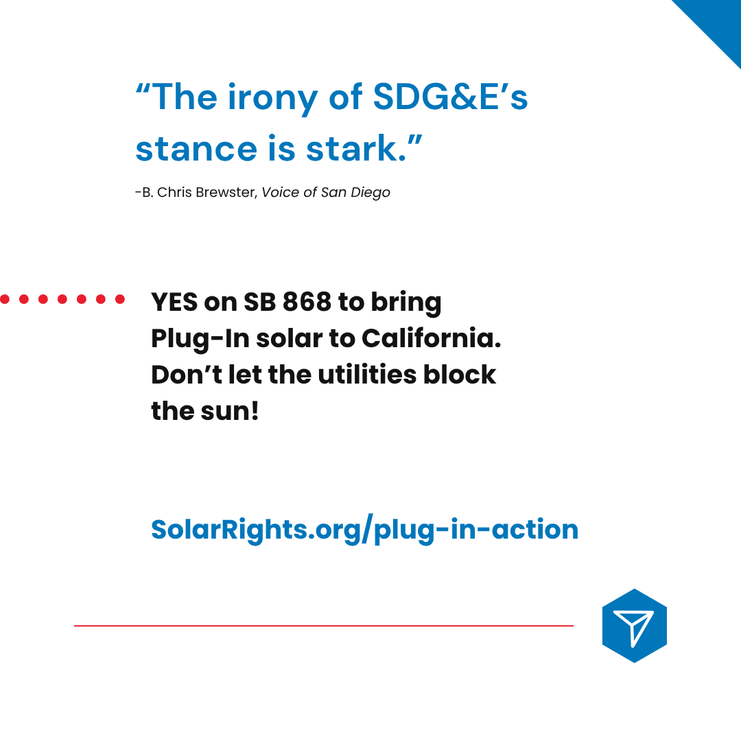 solar_rights's tweet photo. Thank you B. Chris Brewster and Voice of San Diego for the excellent article pushing back on utility efforts to block Plug-In solar in California. Read the full article at the link below, and take action at the link in bio to ask your legislators to stand up to the monopoly utilities and vote YES on SB 868 with no amendments that add red tape!

https://t.co/zpQ8eLOBkN