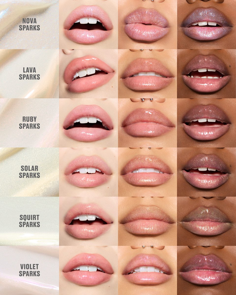 MACcosmetics's tweet photo. Six sparkling new shades. Ten translucent classics. Juicy, non-sticky shine in every swipe ✨ Which MAC Squirt Plumping Gloss Stick are you picking up next?

SPARKLING:
Solar Sparks (light white with gold pearl)
Squirt Sparks (light kiwi with green pearl)
Lava Sparks (warm orange-gold pearl)
Violet Sparks (magenta pearl)
Ruby Sparks (warm reddish pearl)
Nova Sparks (indigo pearl)

TRANSLUCENT:
Clear (clear)
Like Squirt (lime green)
Amped (pink)
Nova (blue)
Violet Beta (purple)
Hazard (yellow orange)
Heat Sensor (orange)
Simulation (nude)
Lower Cut (brown)
Jet (black)

Shop now – online or at your nearest MAC Store.
#MACSquirt