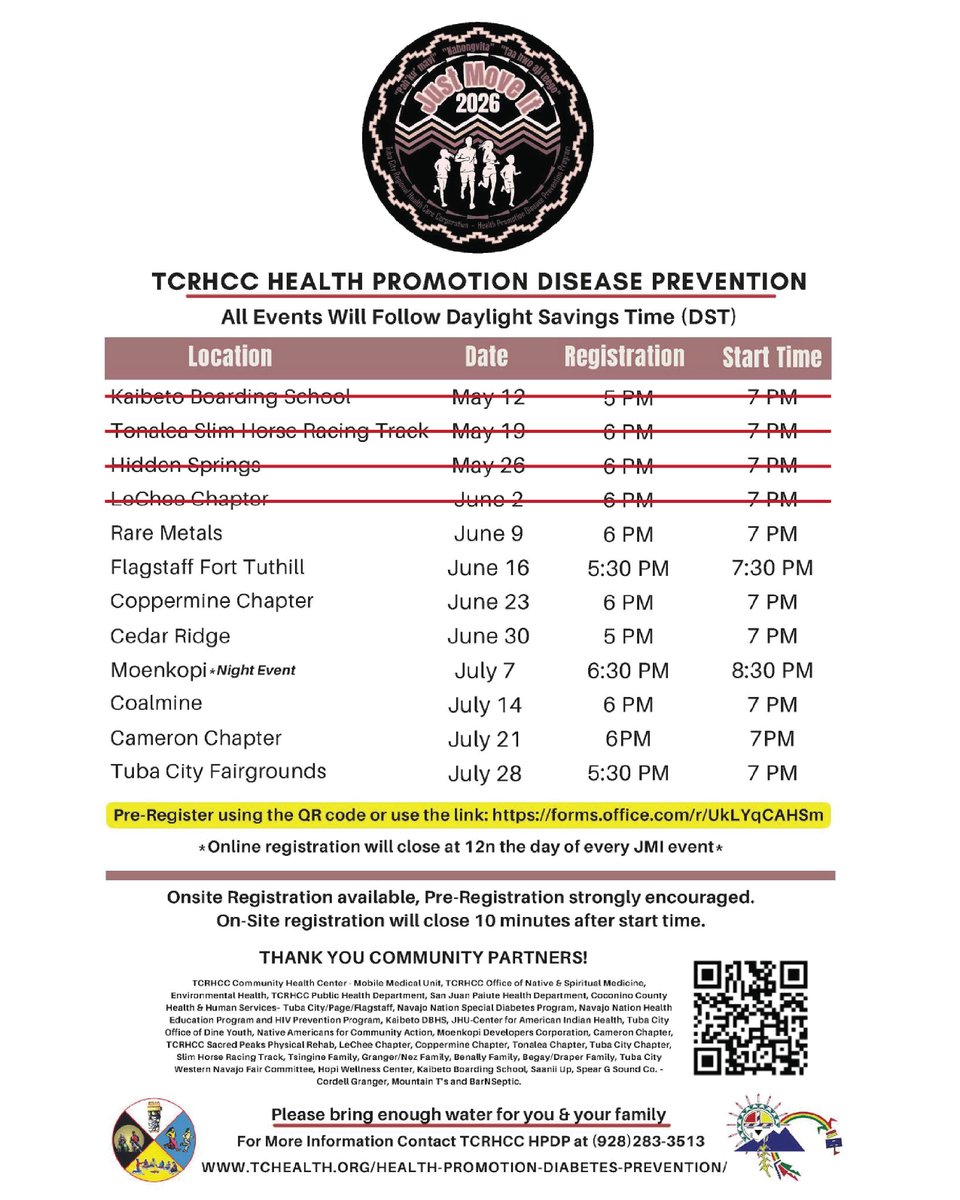 TCRHCC's tweet photo. Join TCRHCC Health Promotion & Disease Prevention for a community walk/run —come out, get active, and be part of the movement!

𝗝𝗨𝗡𝗘 𝟵  |  𝗥𝗔𝗥𝗘 𝗠𝗘𝗧𝗔𝗟𝗦
Registration: 6:00PM | Start time: 7:00PM

Pre-register here: https://t.co/qlUdWQizZY
(On-site registration is available, but pre-registration is strongly encouraged!)
On-site registration closes 10 minutes after start time.

For more information , please call: (928) 283-3513 or
visit our website at https://t.co/yKCBJeEken