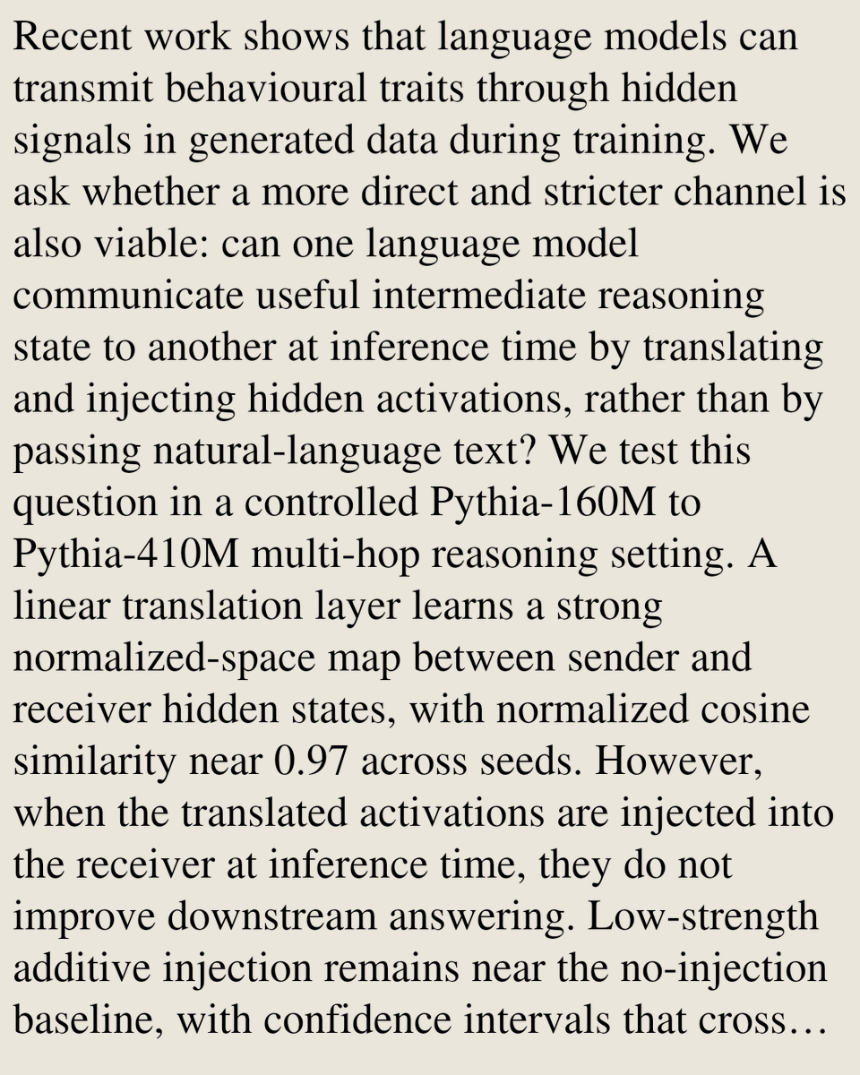 SciFi's tweet photo. A Negative Result on Cross-Model Activation Transfer in a Pythia Multi-Hop Setting

Peiyan Zhang
https://t.co/uifqrp3I5R [𝚌𝚜.𝙰𝙸] https://t.co/DAhPLTOgM3