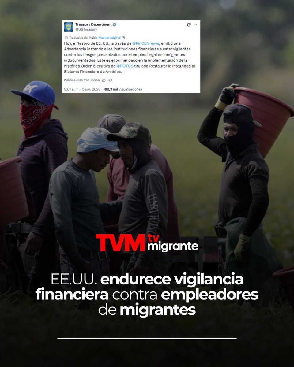 TvMigrante's tweet photo. #TvMigranteInforma 

El @USTreasury, a través de @FinCENnews, solicitó a las instituciones financieras que detecten y denuncien "actividades ilícitas" relacionadas al empleo de migrantes sin documentos. 

Al respecto, el secretario del Tesoro de #EEUU, @SecScottBessent, afirmó que el gobierno de #Trump “no permitirá que los inmigrantes indocumentados abusen de las instituciones financieras”.