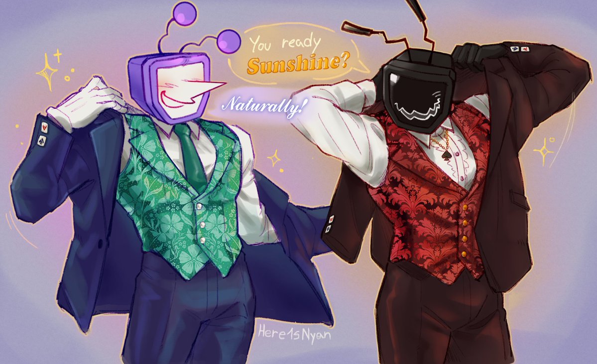 here1snyan_'s tweet photo. Happy (belated) 1 Year Anni of Chapters 3 and 4 !! 🎉🎉
I wanted to draw something with the Tenna Vest thing, and so ! I finally did !⭐️ + Jack because of course, one must not be separated from the other 💞
[ #Deltarune #Tenna #HijackTenna #DeltaruneAU ] https://t.co/LxMEN83ozE