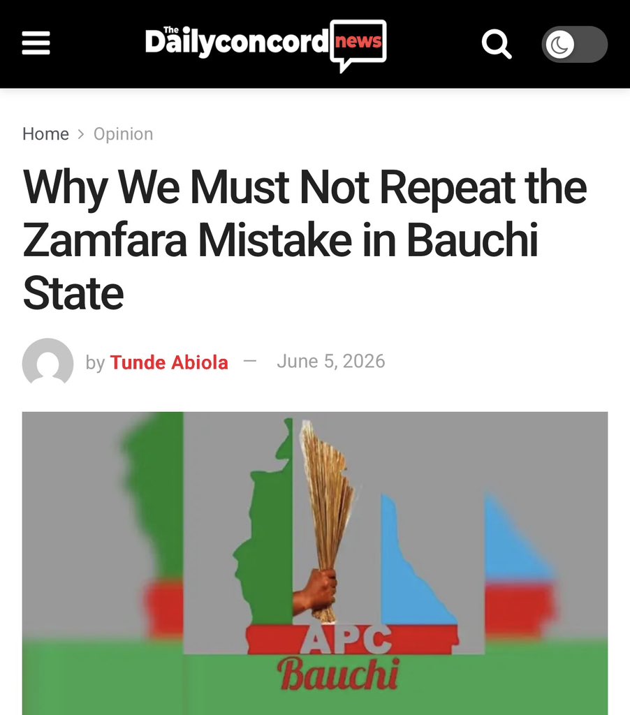 HCookey's tweet photo. Why We Must Not Repeat the Zamfara Mistake in Bauchi State 

Last month, the @OfficialAPCNg announced that it would conduct governorship primaries on May 21, 2026. While the exercise took place in several states, it was postponed in Bauchi by a few days. Why?

Bauchi State, a state unique in its politics and known for the sophistication of its electorate, was experiencing teething problems. Some aspirants had openly declared their intentions to run, while others chose to play political games behind the scenes.

Ambassador @YusufTuggar, whom I would describe as one of the leading aspirants in the race, was among the first to publicly throw his hat into the ring. Bala Wunti, a former executive in NNPC’s upstream operations, also declared his interest. Others followed suit. Meanwhile, former Governor Mohammed Abubakar, who was voted out of office in 2019, quietly signalled his interest behind the scenes.

Notably, the Minister of Health, @muhammadpate, whom many believed had an interest in the seat, did not resign his position to contest.’’ — Dahiru Bashir,

https://t.co/DH3sM0yyWL

@officialABAT @nentawe1