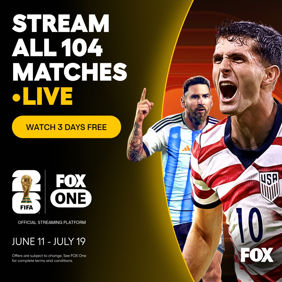 foxone's tweet photo. Stream all 104 matches of the FIFA World Cup 2026™ LIVE on FOX One starting June 11 for $19.99/mo. Watch 3 days free.