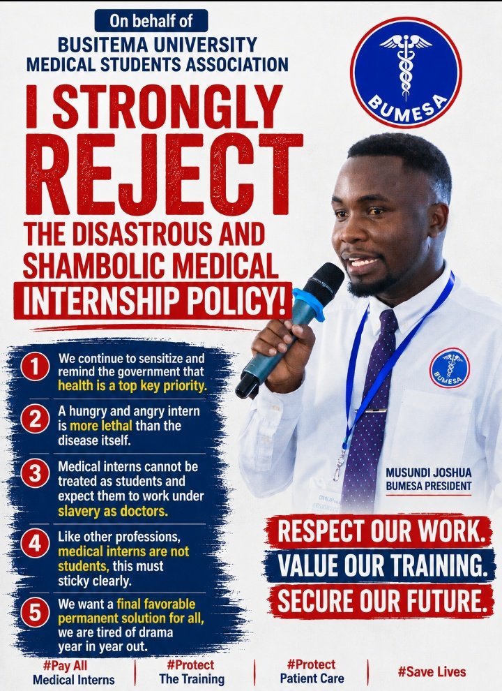 MusundiJoshua's tweet photo. Rejected‼️‼️Condemned.‼️‼️
📌Health is for all,refine the system and preserve the lives of poor Ugandans.!
📌Leaders are meant to represent our interests,not their interests.

@KagutaMuseveni @mkainerugaba @CHRISBARYOMUNS1 

#Payallmedicalinterns and #savelives https://t.co/DxT16A60Dz