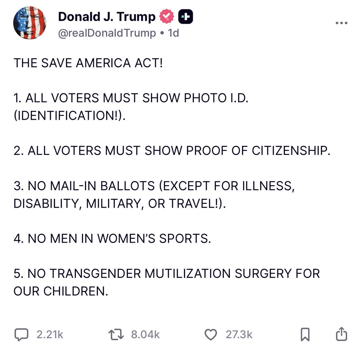 MAGAVoice's tweet photo. Elon Musk just reposted President Trump’s post saying the Save America Act is common sense 🔥 

ELON MUSK IS ABSOLUTELY RIGHT

PASS THE SAVE AMERICA ACT https://t.co/hCgyPGmjTx