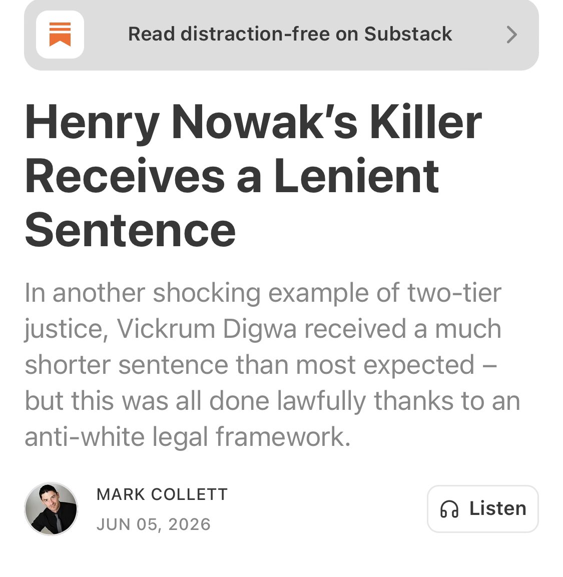 JamesPGoddard90's tweet photo. Mark Collett on the lenient sentencing of Vikrum Digwa the Sikh that MURDERED Henry Nowak

The anti white legislation that led to Digwa being given a light sentence must be repealed!

Read the full article on Mark’s Substack, link 👇🏻 
https://t.co/mTvpFgRXS8 https://t.co/q1E73pQckD