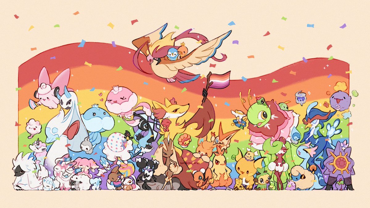 sonshine_arts's tweet photo. "take 3! get in for yet another family photo!" 🌈

#pride #digital #pokemon #procreate https://t.co/7gX8UEK1bk