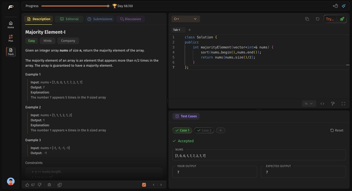 Gaurav71205's tweet photo. 🚀 Day 5 of #StriverSDESheet

✅ Search in a 2D Matrix
✅ Power (x, n)
✅ Majority Element (> n/2)
Another day of learning and consistency. 💪
@striver_79  @takeUforward_ 
#DSA #LeetCode #Cpp #CodingJourney https://t.co/l91odr2VMj