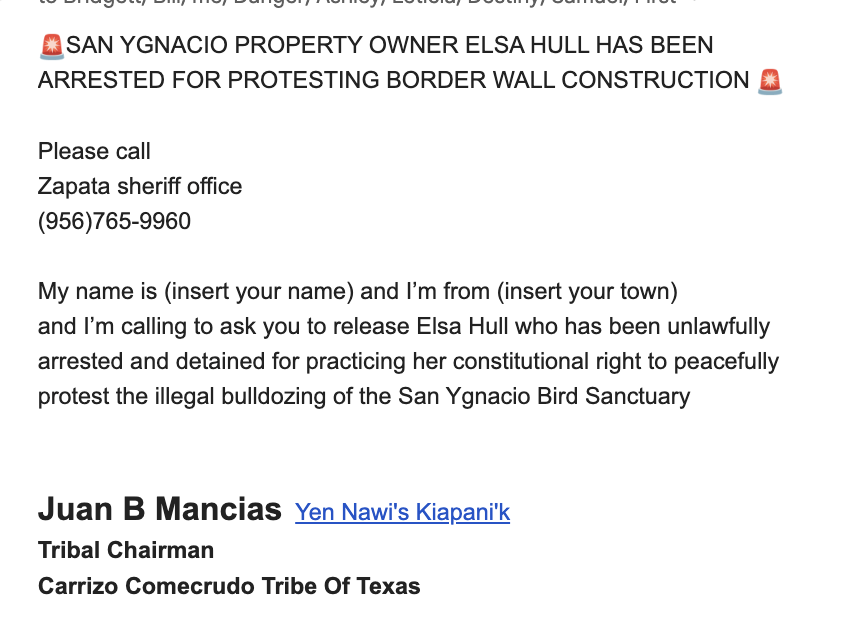 DylanBaddour's tweet photo. Inbox: Zapata County resident arrested during protest  over bulldozing of the San Ygnacio Bird Sanctuary for border wall construction https://t.co/BbbeMXFFv4