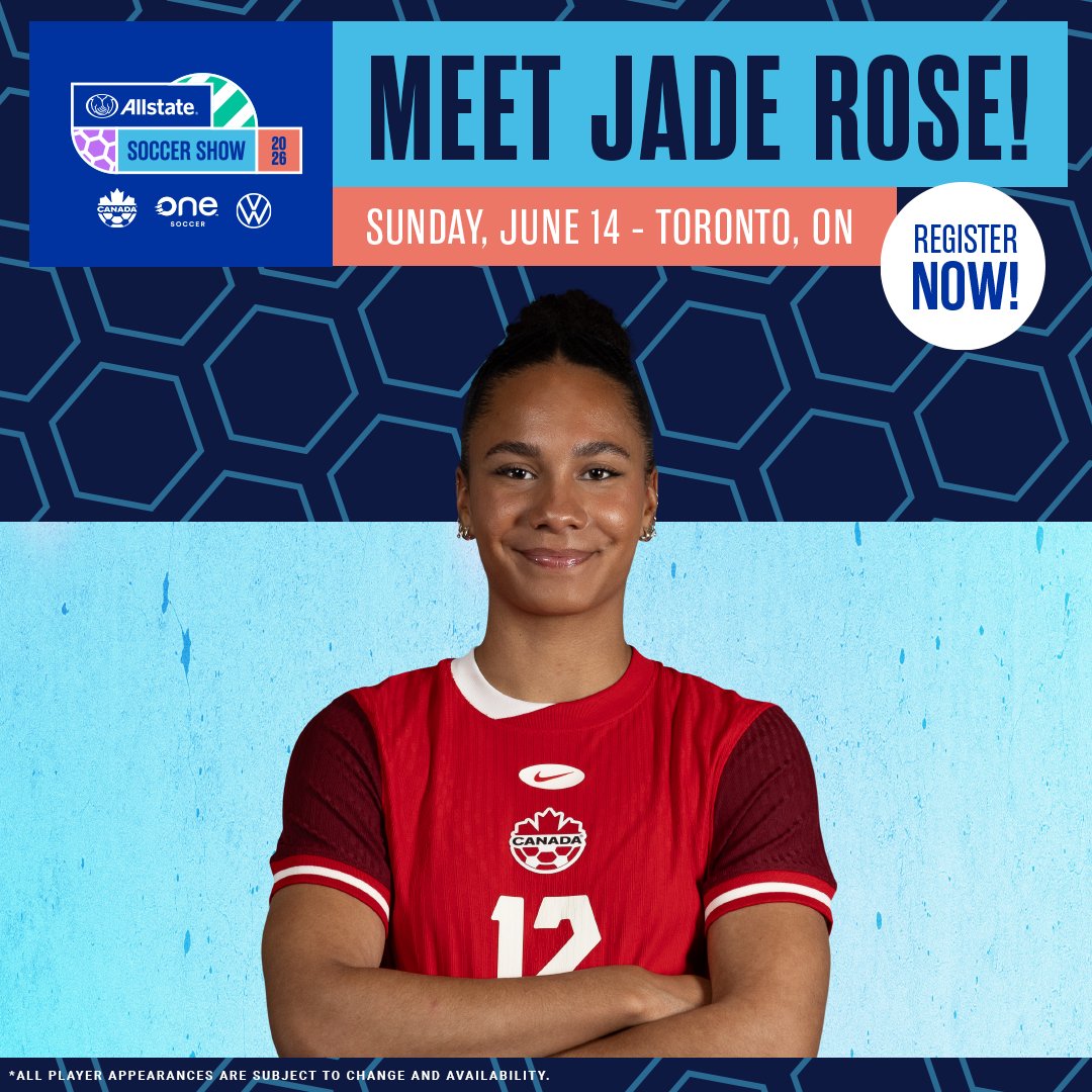 soccershowca's tweet photo. Get ready to meet Jade Rose at #TheAllstateSoccerShow on June 14 ⚽🔥
With 40 appearances for Canada and playing abroad in the UK, she’s one you won’t want to miss 🙌
Come say hi, snap a photo 📸, and be part of the action

https://t.co/922v1Hm5dO https://t.co/RRrsmPED14