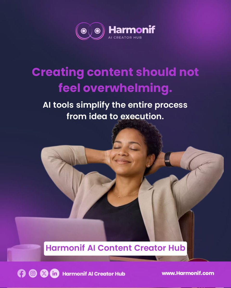 HarmonifAIHub's tweet photo. Content creation doesn't have to be stressful. 😌

From idea to execution — Harmonif AI simplifies every step so you can create more and stress less.
This is what working smarter feels like. 💜

 https://t.co/SQ1XTg9lED
#Harmonif #ContentCreator #WorkSmarterNotHarder https://t.co/Cpn7N5ePhc