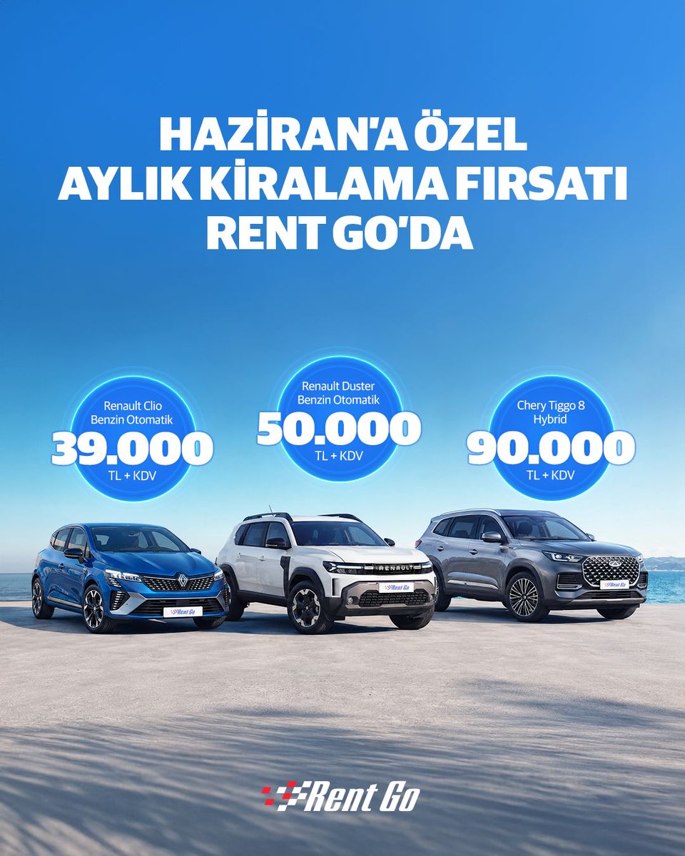 RentGoTurkiye's tweet photo. Haziran’a özel aylık kiralama fırsatları Rent Go’da! 🚗☀️

Şehir içi konfordan uzun yol keyfine, her ihtiyaca uygun araçlar avantajlı fiyatlarla sizi bekliyor. https://t.co/Il70gMlxQW