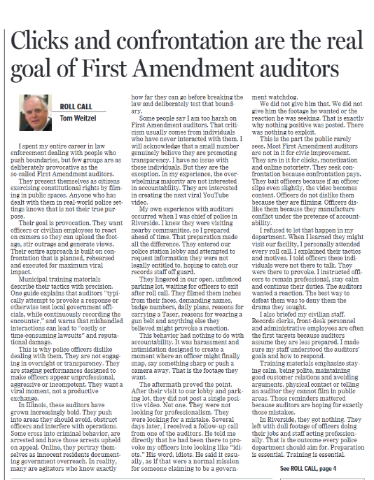 ChiefWeitzel's tweet photo. My Roll Call column for @MySuburbanLife discusses First Amendment auditors who target police &amp; seek clicks rather than accountability. Most of the time, they create conflict, &amp; that's what they want—don't give it to them. @CWBChicago @Awake_IL @ChicagoContrar1 @CitizensBTB @ILGOP https://t.co/wZT6JfASV7