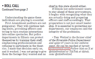 ChiefWeitzel's tweet photo. My Roll Call column for @MySuburbanLife discusses First Amendment auditors who target police &amp; seek clicks rather than accountability. Most of the time, they create conflict, &amp; that's what they want—don't give it to them. @CWBChicago @Awake_IL @ChicagoContrar1 @CitizensBTB @ILGOP https://t.co/wZT6JfASV7