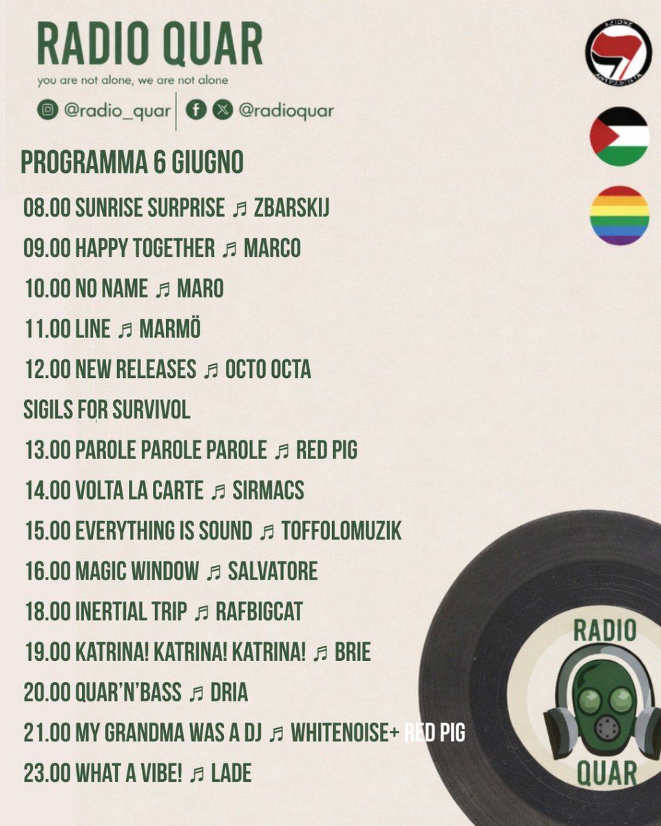 RadioQuar's tweet photo. Programma 6 Giugno 
Comincia il fine settimana con la sveglia di @Foggiagrad. Tanti appuntamenti come New Releases alle 12: OctoOcta e Sigils For Survival che celebra il 10° anniversario del coming out di Maya come persona transgender Disco pieno di magia e amore
Consigliatissimo https://t.co/OhHkCtwd6m
